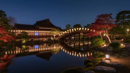 Obraz premium Lantern-lit Japanese temple garden at night, glowing reflections on water.