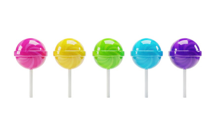 five vibrant, glossy 3d cartoon lollipops (pink, yellow, green, blue, purple) arranged neatly on a transparent studio background with soft shadows, product photography style. concept for