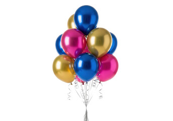 highly reflective pink, gold, and cerulean foil balloons clustered tightly, floating against a transparent studio background with sheer trailing ribbons and soft lighting. concept for party