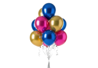 highly reflective pink, gold, and cerulean foil balloons clustered tightly, floating against a transparent studio background with sheer trailing ribbons and soft lighting. concept for party