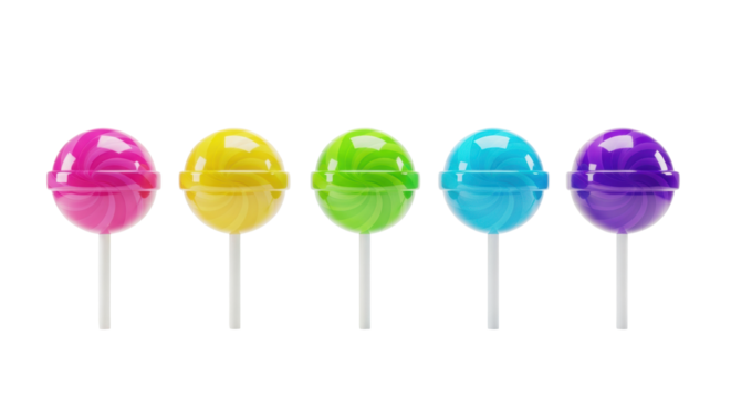 five vibrant, glossy 3d cartoon lollipops (pink, yellow, green, blue, purple) arranged neatly on a transparent studio background with soft shadows, product photography style. concept for - Powered by Adobe