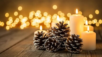 Christmas candles and pine cones on rustic wood. Festive holiday decoration with burning flames and golden bokeh lights. Winter season background