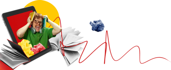 Vibrant collage of stressed student exploding with books and tablet chaos on transparent background. Concept of study pressure, online learning frustration and expressive youth emotion.