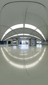 Spacious empty office with expansive windows and cityscape views, featuring bright overhead lighting and polished floors, interior view