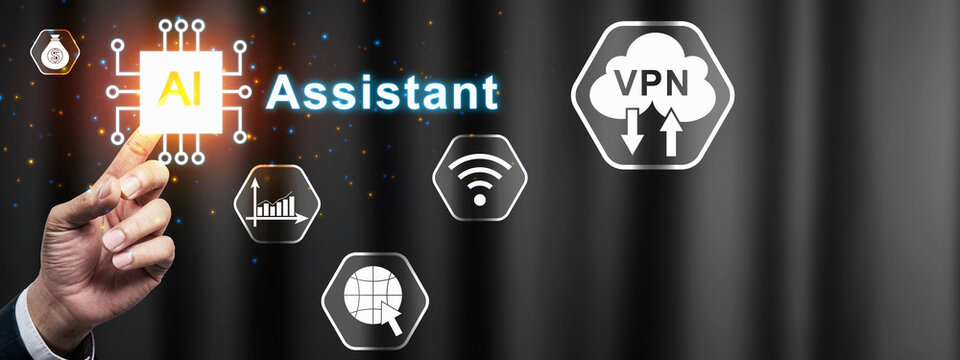 Hand touching an AI icon surrounded by various network and data related icons on a dark abstract background. Concept of AI Assistant - Powered by Adobe
