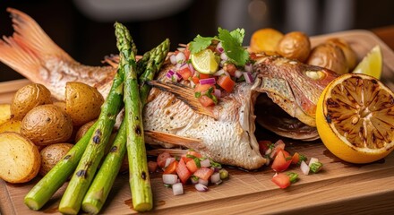 Exquisite whole baked snapper presentation with vibrant accompaniments and fresh garnish