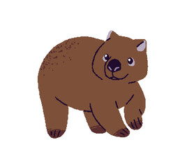 Obraz premium Cute hairy wombat with brown coat. Funny Australian animal with happy face. Baby bear of Australia. Exotic nature of New Zealand jungle. Flat isolated vector illustration on white background