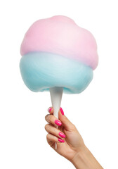 elegant woman's hand, vibrant pink manicure, delicately presents fluffy pastel swirl cotton candy on a stick against a transparent background. Concept for confectionery marketing