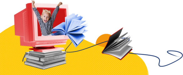 Playful composition of excited child jumping from retro monitor with flying books on transparent background. Concept of joyful early learning, digital curiosity and upbeat school emotion.