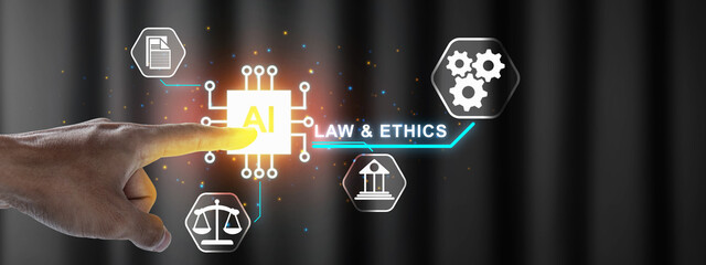 Intersection of artificial intelligence, law, and ethics, featuring a human hand interacting with a digital interface and icons. Concept of AI Law and ethnics