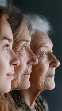 Faces of women showing the stages of life, from youth to old age