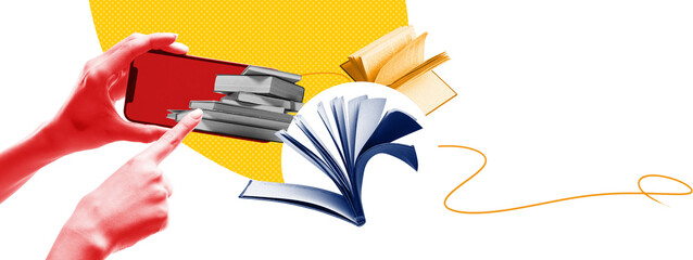 Stylish collage of hands using smartphone with floating books on transparent background. Concept of mobile learning, quick knowledge access and motivated student emotion.