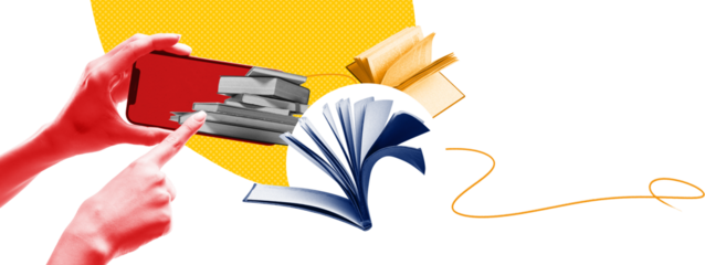 Stylish collage of hands using smartphone with floating books on transparent background. Concept of mobile learning, quick knowledge access and motivated student emotion.