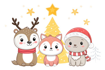 Fototapeta premium Cute cartoon Christmas stars and snowflakes, simple shapes, bright yellow and white, soft outlines, transparent PNG, consistent minimal festive style.
