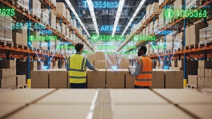 Warehouse Workers Overseeing Inventory with Digital Data Overlays in a Modern Distribution Center - Powered by Adobe
