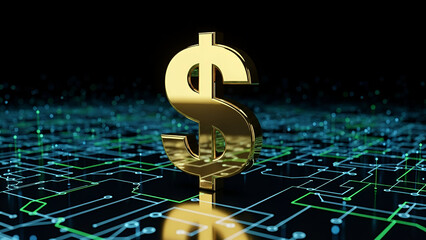 A 3D gold dollar currency symbol icon representing global finance and market investment on a blue world map screen