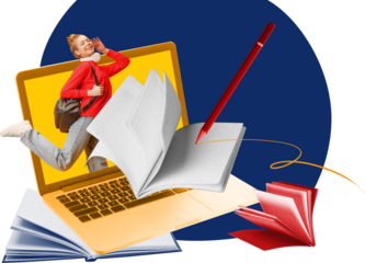 Cheerful composition of smiling girl leaping from laptop with books on transparent background. Concept of joyful study progress, digital classroom freedom and lively youth emotion.