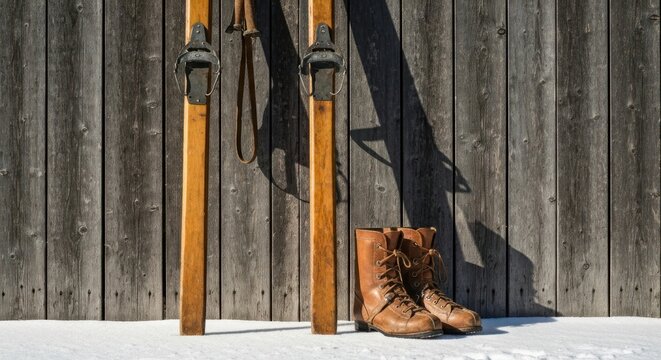 Antique wooden skis and boots stand before a weathered wood fence in the snow - Powered by Adobe
