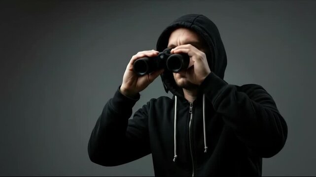 Man in black hoodie looking through binocular. Surveillance and scouting activities for spy or criminal concept.