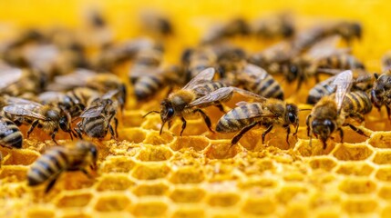 Closeup view of bees on honeycomb inside a hive, highlighting insect nature and their work in a vibrant community with rich texture and pattern details emerging from the delicate structure.