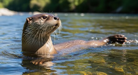 Fototapeta premium A river otter swimming in a calm, green river with a forest in the background.