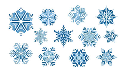 Winter's Delicate Crystals: An array of intricate snowflakes in shades of blue and white, each unique in its design, representing the elegance and beauty of the winter season.