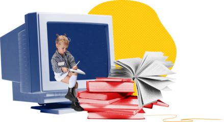 Creative artwork of little girl writing inside vintage monitor with stacked books on transparent background. Concept of early digital learning, imagination growth and sincere childhood emotion.