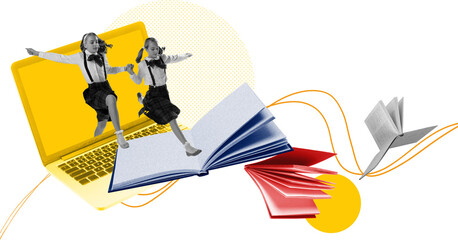 Energetic composition of two schoolgirls running from laptop with flying books on transparent background. Concept of playful teamwork, online classroom joy and lively student emotion.
