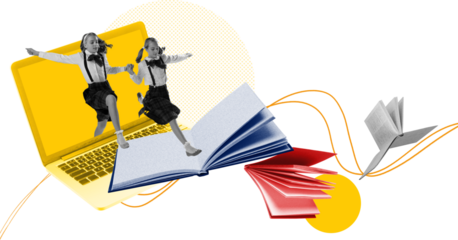 Energetic composition of two schoolgirls running from laptop with flying books on transparent background. Concept of playful teamwork, online classroom joy and lively student emotion.