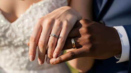 Close-up of an interracial couple's hands with wedding rings, symbolizing marriage and unity.