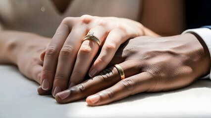 Close-up of an interracial couple's hands clasped together, both wearing wedding rings, symbolizing unity and commitment.