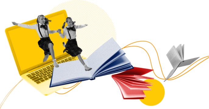 Energetic composition of two schoolgirls running from laptop with flying books on transparent background. Concept of playful teamwork, online classroom joy and lively student emotion. - Powered by Adobe