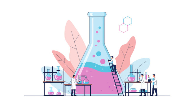 Dynamic science lab illustration featuring researchers working with beakers and chemicals for medical breakthrough concepts and pharmaceutical innovation