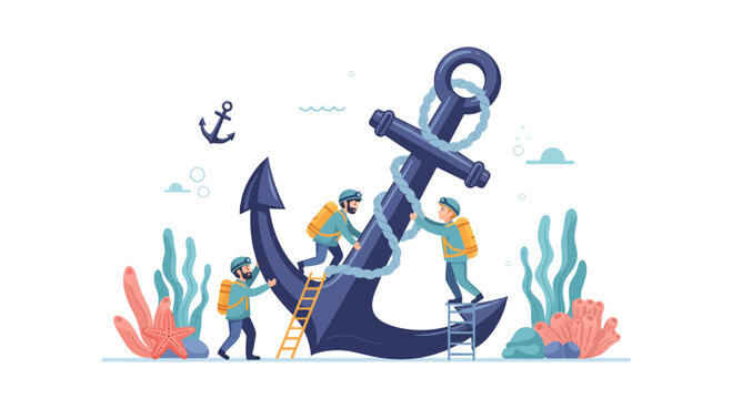 Teamwork triumphs as determined crew scale a massive anchor, symbolizing strength and collaborative success in overcoming obstacles and achieving goals