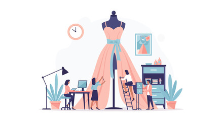 Fashion designers create stunning dress in stylish workshop, perfect for showcasing creativity, teamwork, and the art of dressmaking with elegance