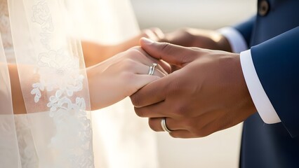 Close-up of a bride and groom holding hands with wedding rings visible.