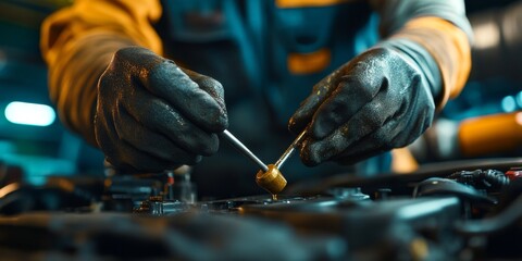 Mechanic working on car engine, checking oil level with dipstick