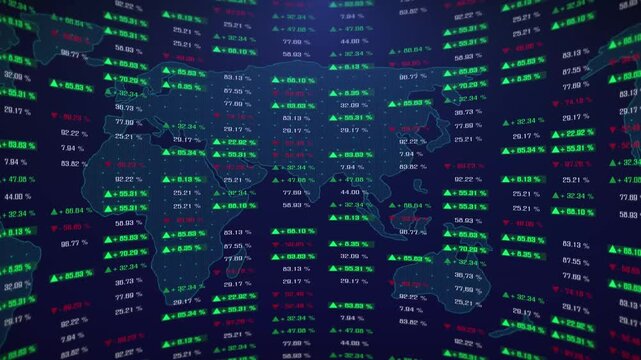 World map bend curve display stock market crypto currency digital indicators invest index corporation profit progress report diagram globe analysis graphic user interface.