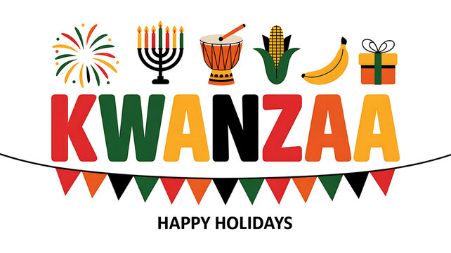 Vibrant kwanzaa celebration, featuring the kinara, mkeka, mazao, zawadi, mishumaa saba, kikombe cha umoja, and nguzo saba, symbolizing unity, self determination, collective