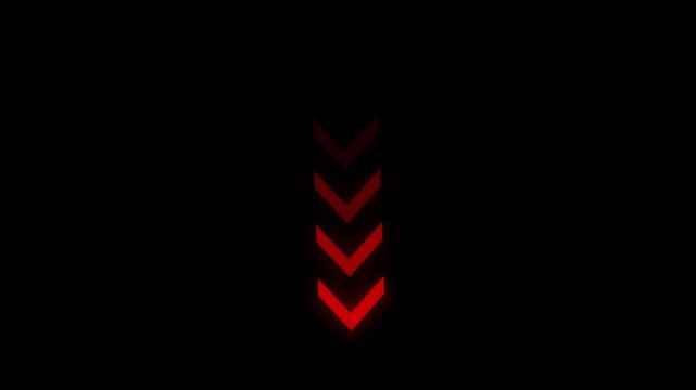 Red Neon Chevrons Pointing Down  single-line directional down arrow animation. Moving arrow pointing down. Down-direction arrow on black background.