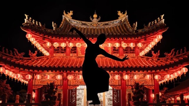 Female Silhouette Dances in Front of Traditional Chinese Pagoda