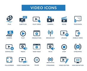 Video Media Icon Set in Modern Flat Style. Vector Icon Template.