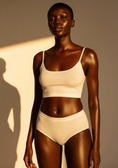 Cropped shot of a fit young woman with beautiful glossy tanned dark skin wearing a comfortable white ribbed lingerie set. 