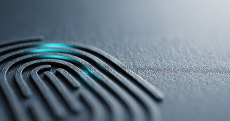 Close-up of a fingerprint scanner with illuminated blue light on textured surface, symbolizing biometric security and digital identification technology