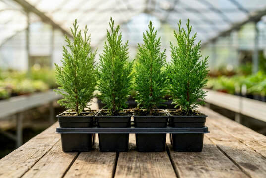 Small green cedar trees plants are displayed in pots on a wooden table in a greenhouse during the day
