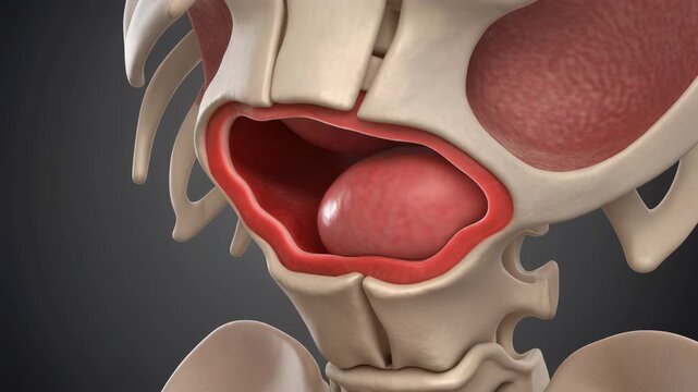 Detailed 3D animation of the human stomach showing peristaltic contractions within the skeletal rib cage for medical and educational purposes