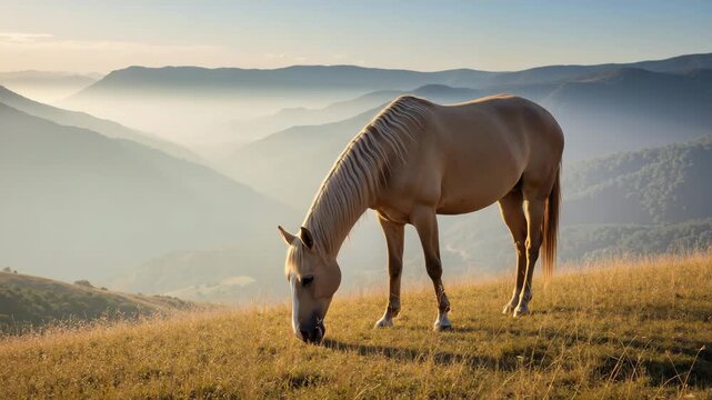 Palomino horse grazing in a mountain meadow at sunrise. Scenic landscape with rolling hills and misty valleys. Nature and wilderness concept