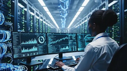 Woman Working In A Server Room Surrounded By Racks Of Computers And Monitoring Data On Multiple Screens With Blue Neon Lights