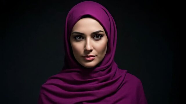 Portrait of a young middle eastern woman wearing a purple hijab looking confident. Muslim woman fashion beauty concept.