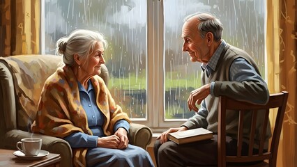 Elderly couple sharing a quiet moment by the window on a rainy day, with a cup of tea and a book.
